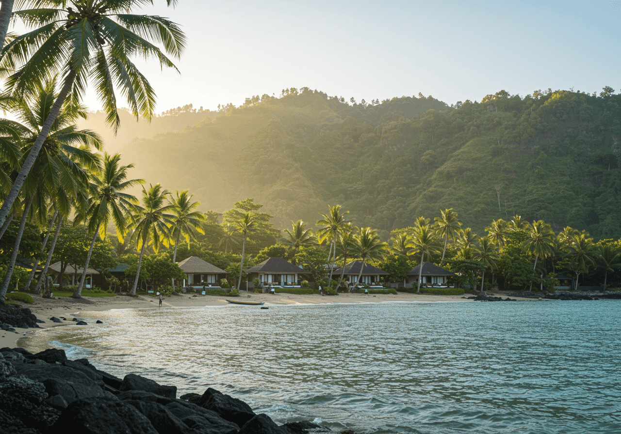 An image representing a coastline with lush vegetation in Lombok