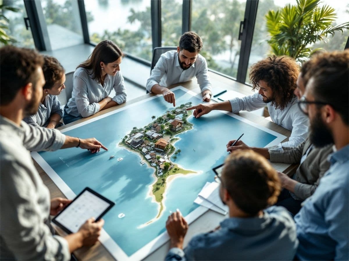 A group of investors gathered around a large map of a coastal development in Lombok, discussing potential real estate opportunities.