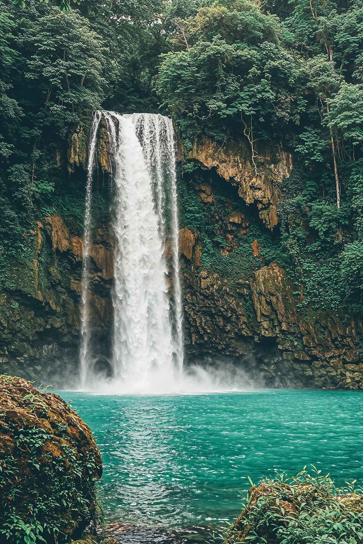 waterfall and a pond of turquoise water