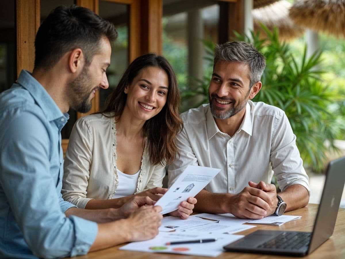 A couple sits at a wooden table with a real estate agent, reviewing documents to get their paperwork in order. They are smiling and engaged in a positive discussion, with the agent handing them an important document. The table is covered with papers, a laptop, and charts, indicating a formal real estate transaction or investment process. The setting is bright and tropical, with lush green plants and a thatched-roof structure in the background, creating a warm and welcoming atmosphere