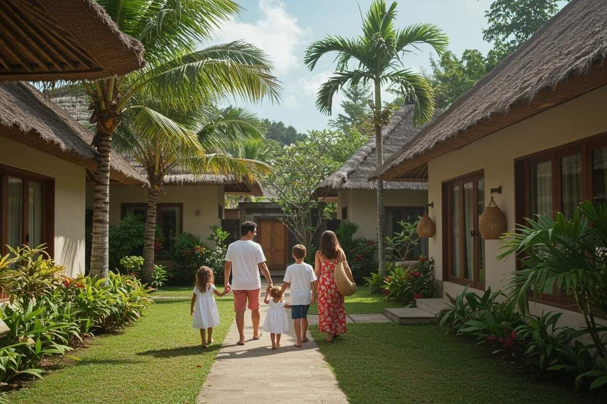 A family of five walking along a stone pathway in a tropical resort, surrounded by lush greenery and traditional thatched-roof villas