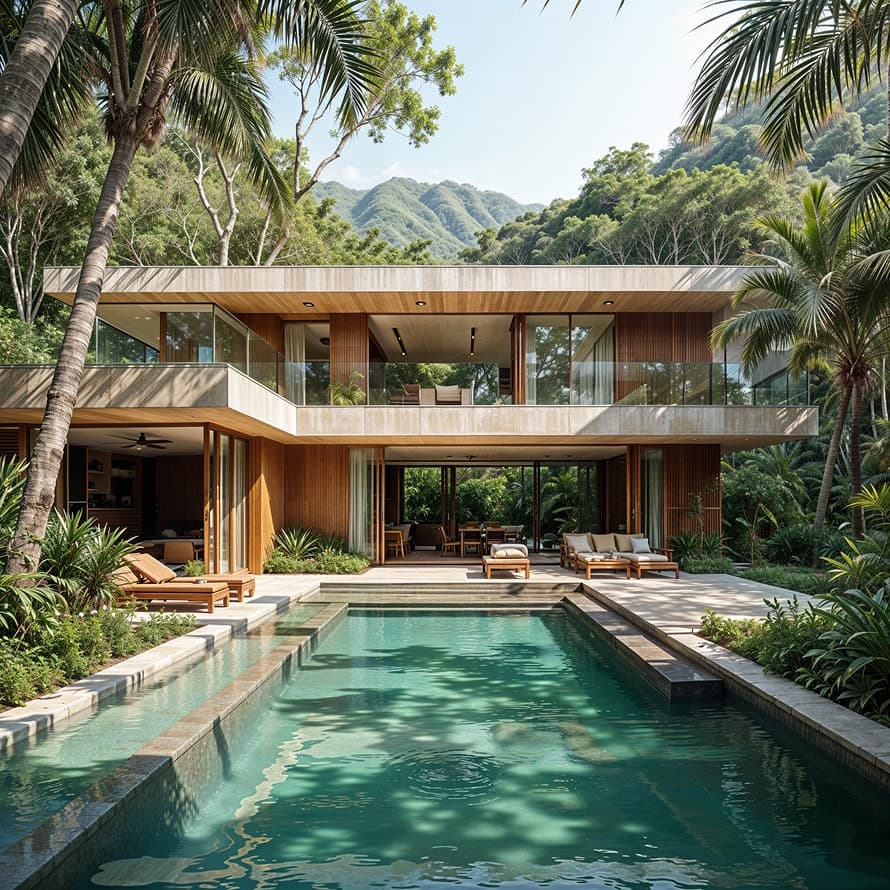 Modern villa nestled in tropical jungle