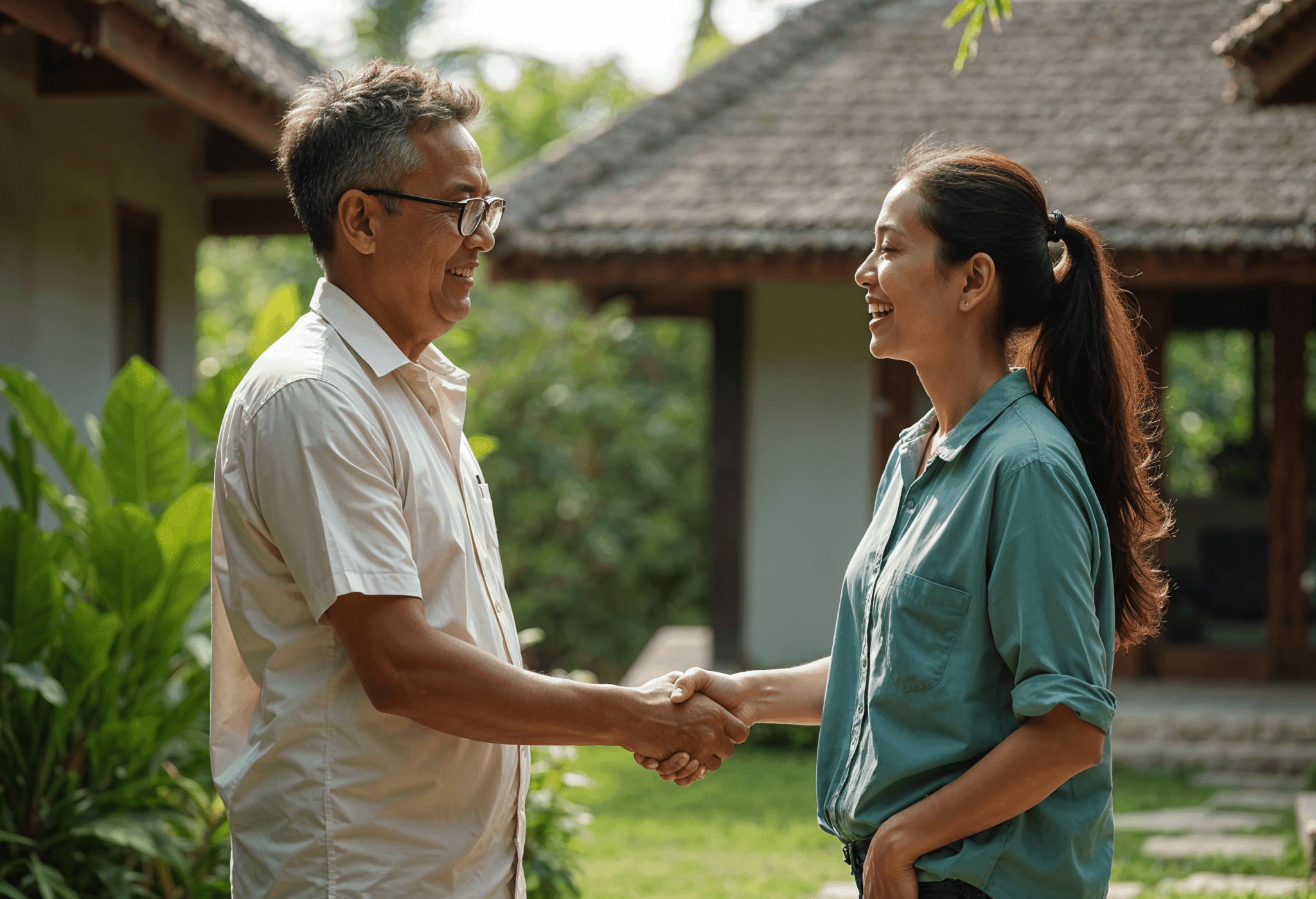 Villa manager and satisfied client shaking hands in front of traditional tropical villa in Lombok, Indonesia – property deal success and trust-building moment
