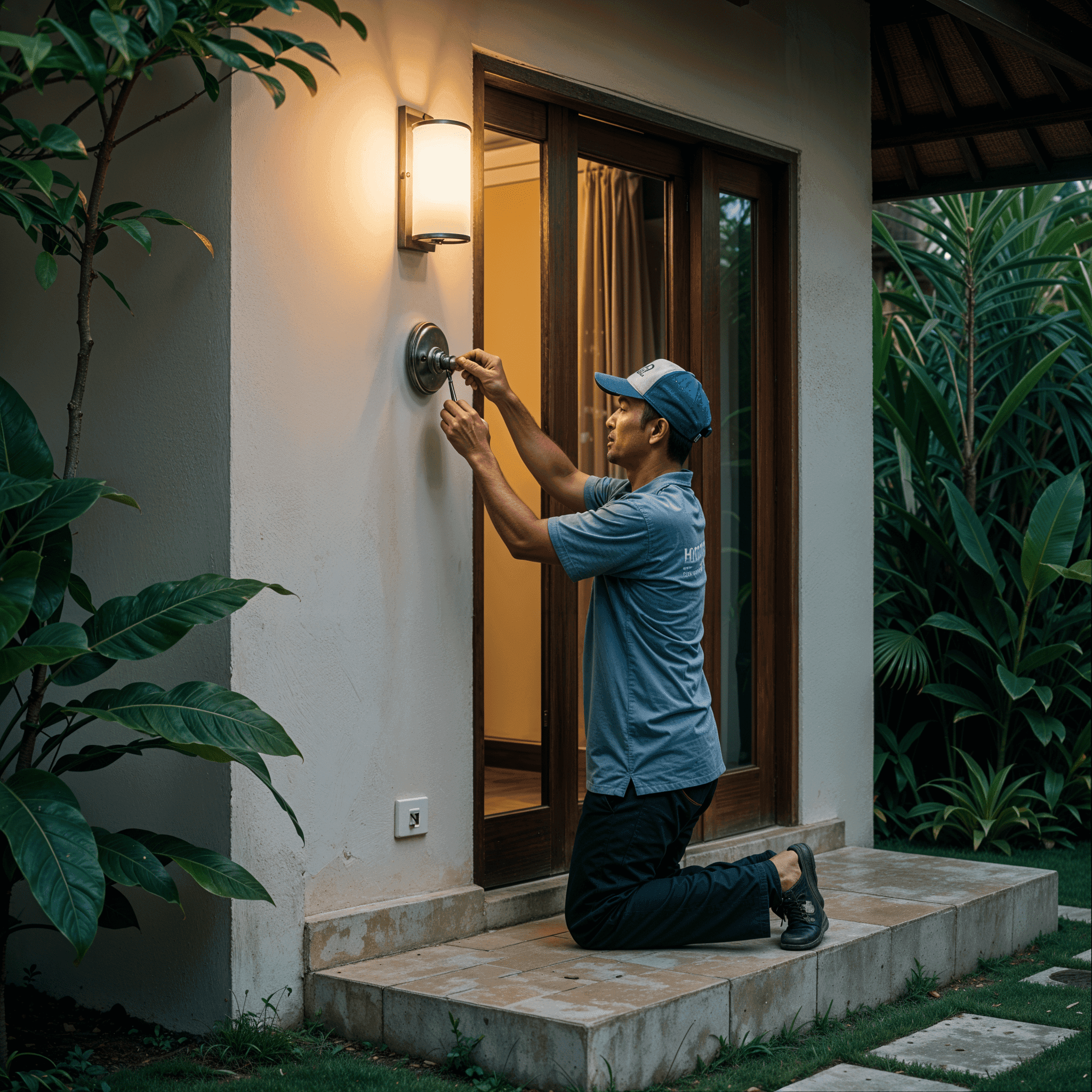 Professional property maintenance service at a Lombok villa – technician repairing outdoor light fixture to ensure rental readiness and tenant safety
