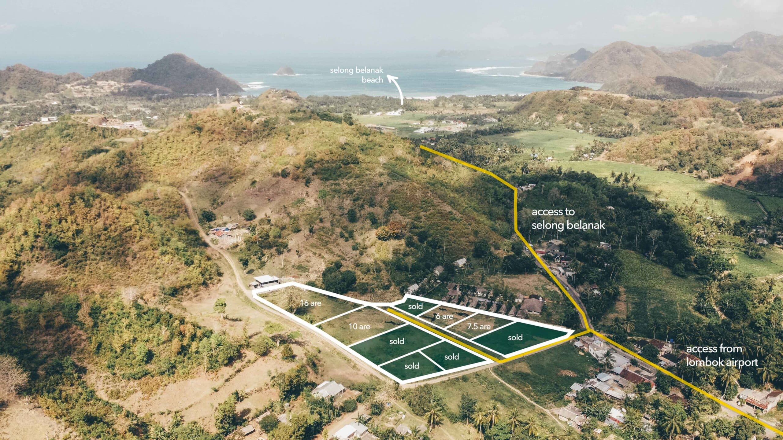 aerial view of selong belanak flat plots for sale with access line and beach view