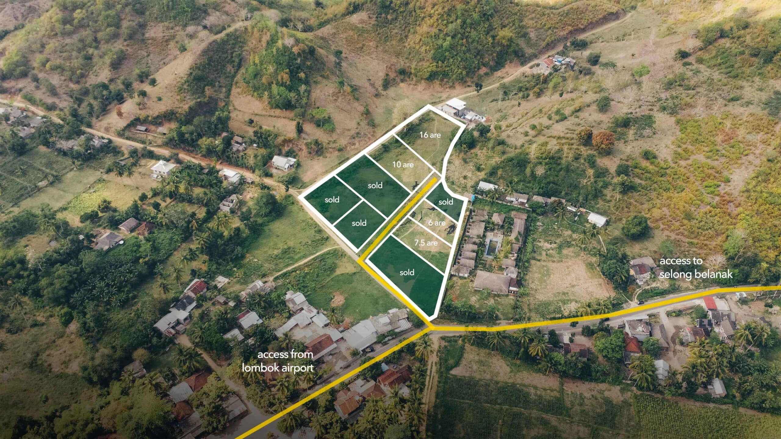 aerial view of selong belanak flat plots for sale with access line