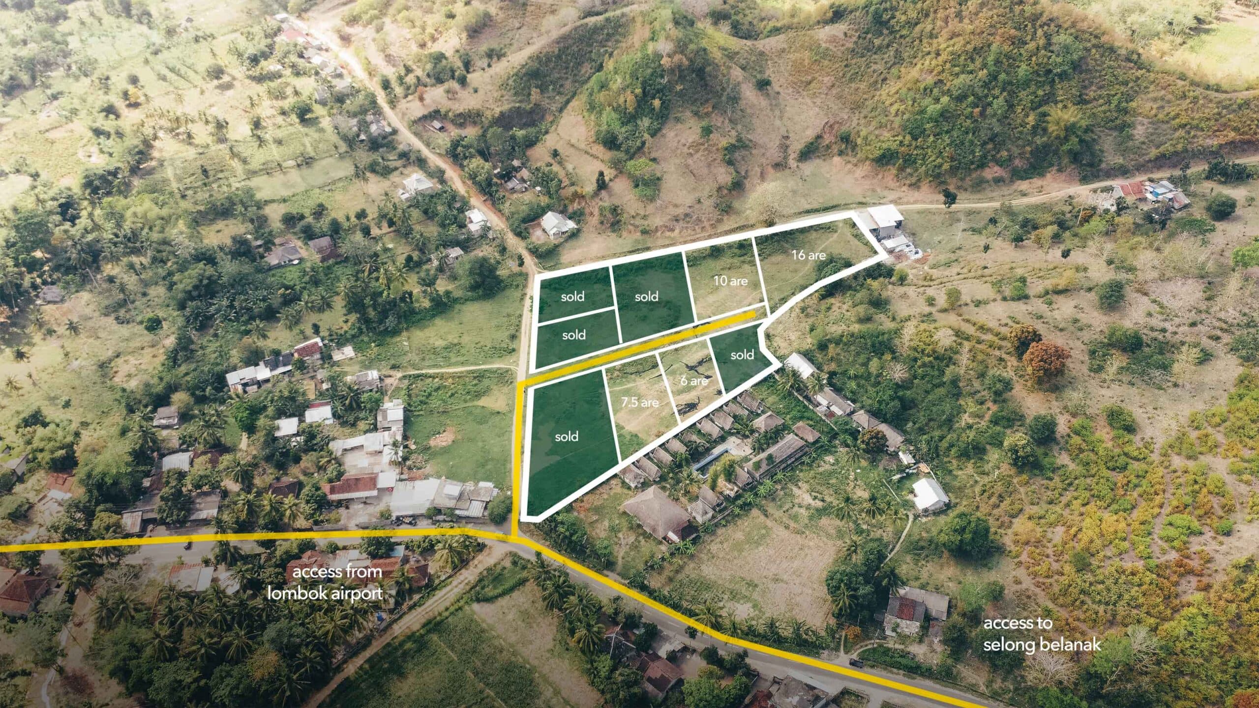 aerial view of selong belanak flat plots for sale with access line