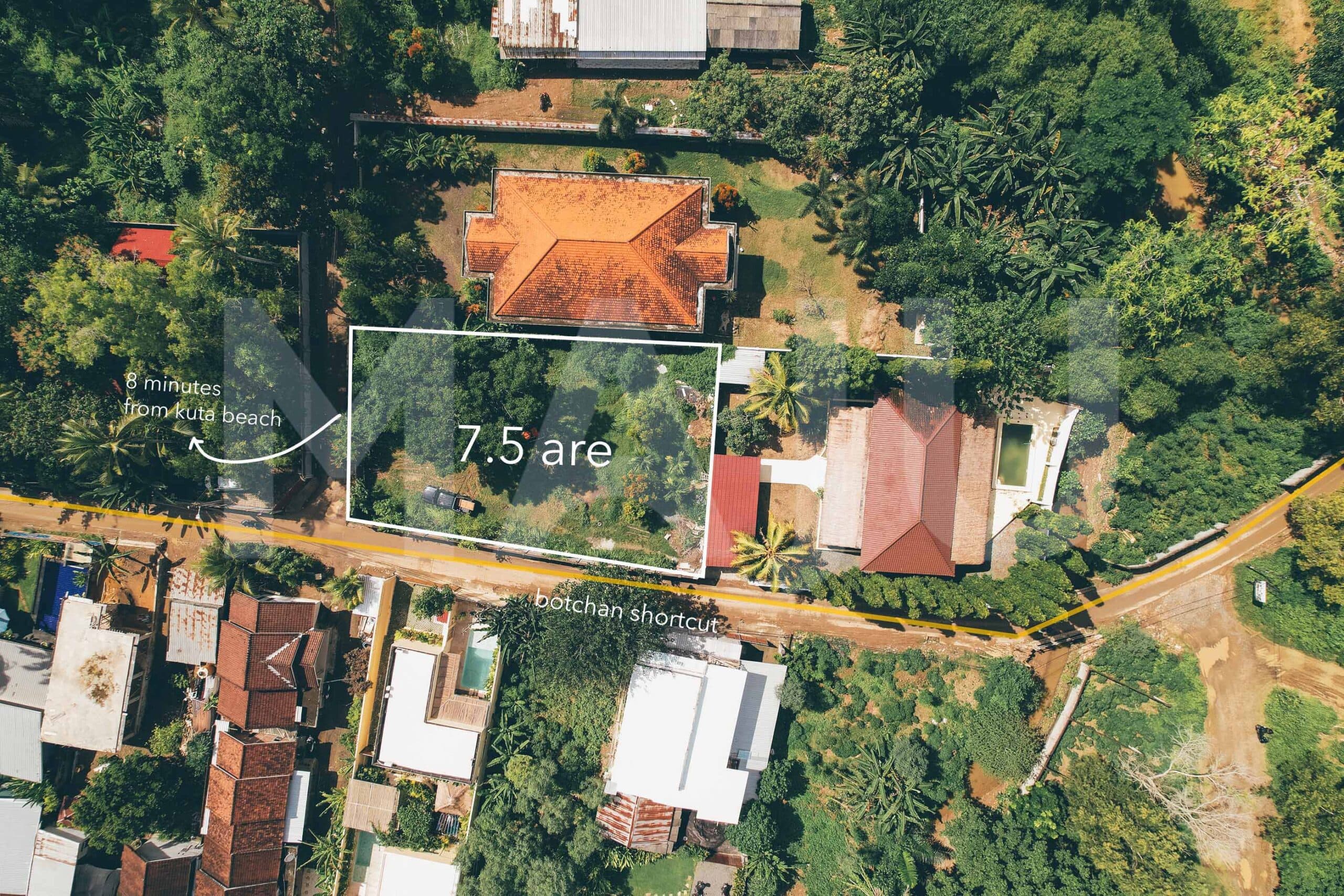 Aerial view of a 7.5 are plot for sale in central Kuta Lombok