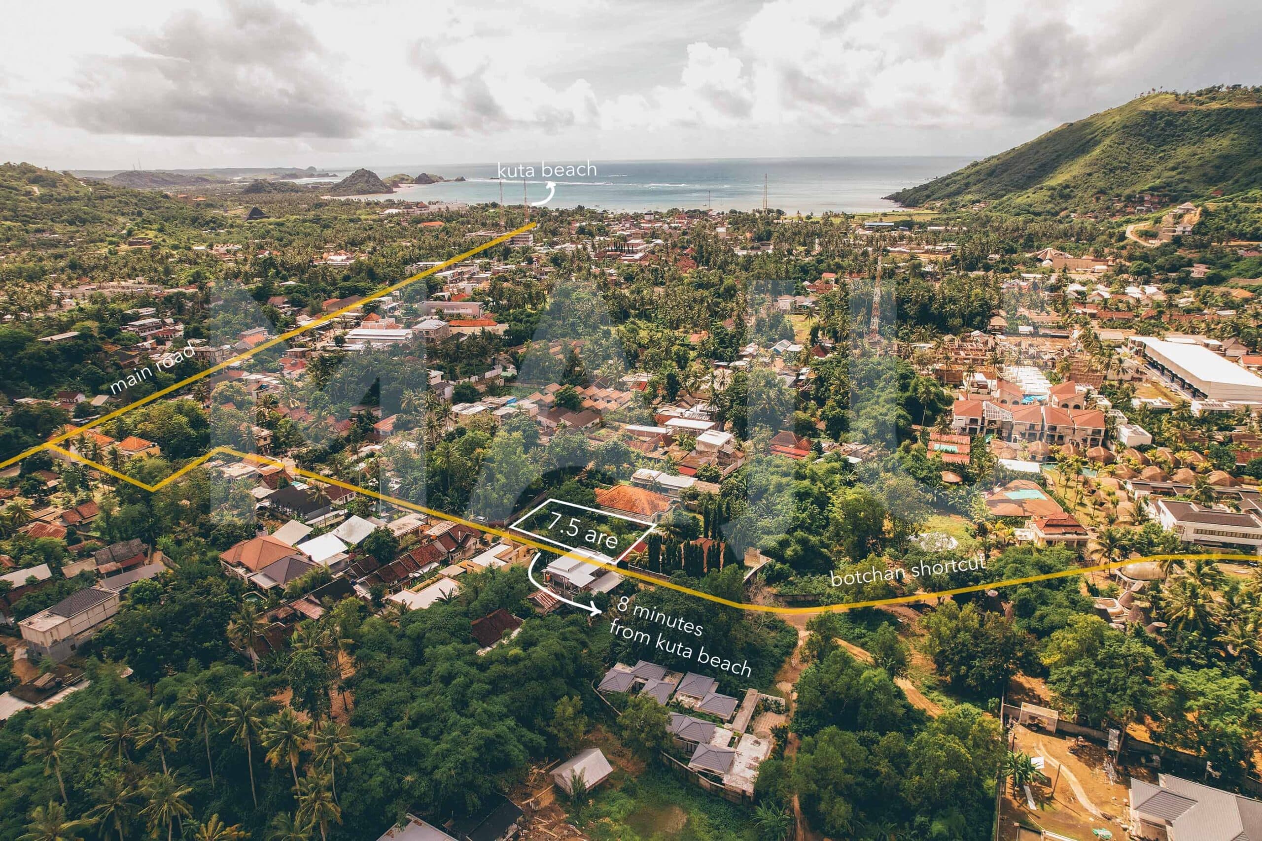 Aerial view of a 7.5 are plot for sale in central Kuta Lombok