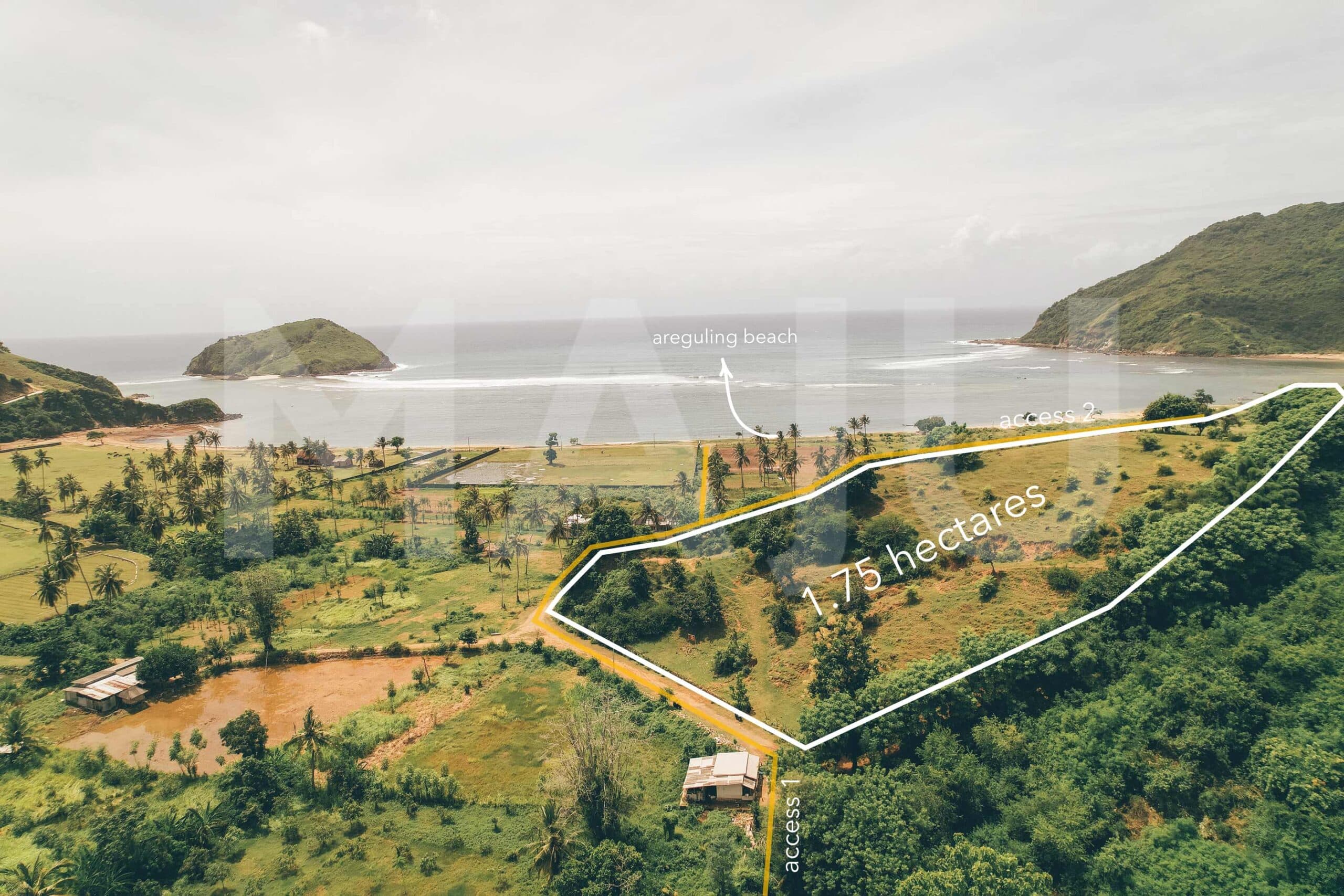 Aerial view of a 1.75 hectare plot for sale in Areguling Lombok