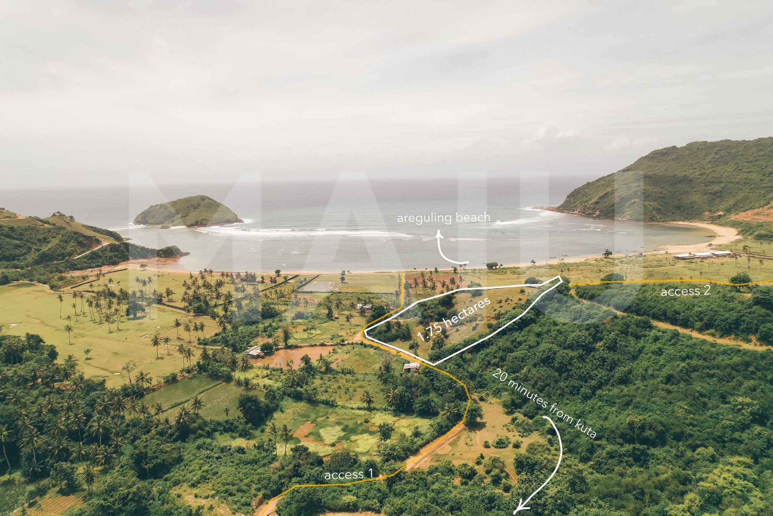 Aerial view of a 1.75 hectare plot for sale in Areguling Lombok