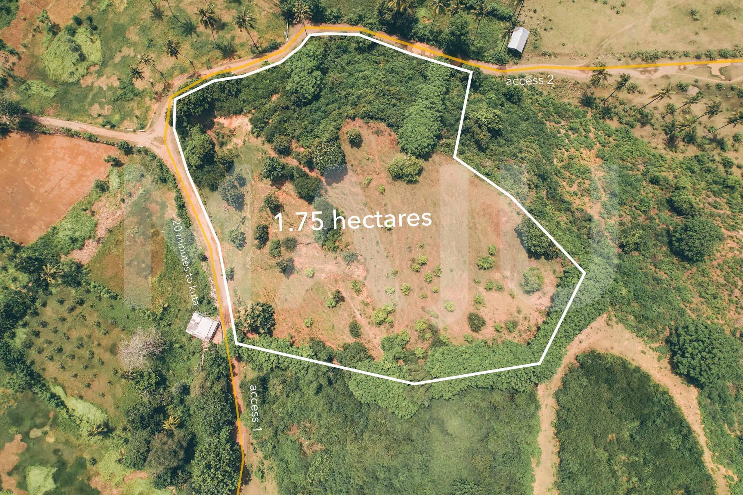 Aerial view of a 1.75 hectare plot for sale in Areguling Lombok