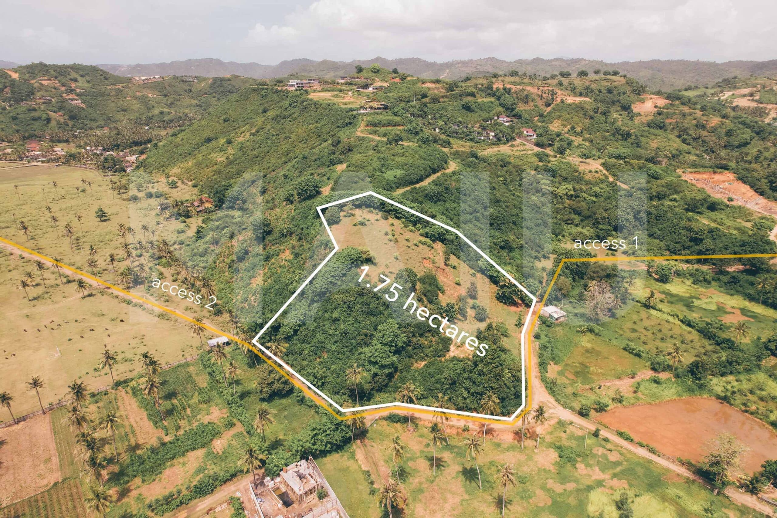 Aerial view of a 1.75 hectare plot for sale in Areguling Lombok