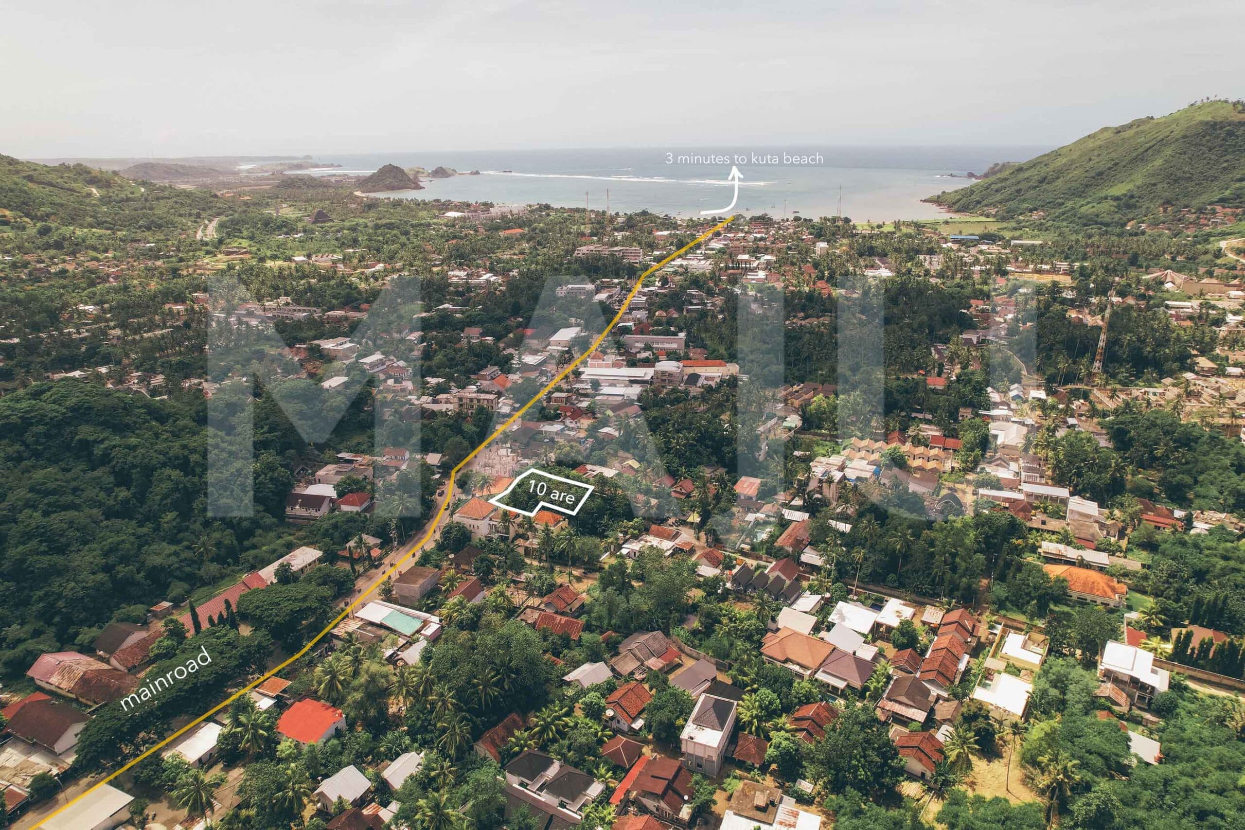 Aerial view of a 10 are plot for sale in central Kuta Lombok