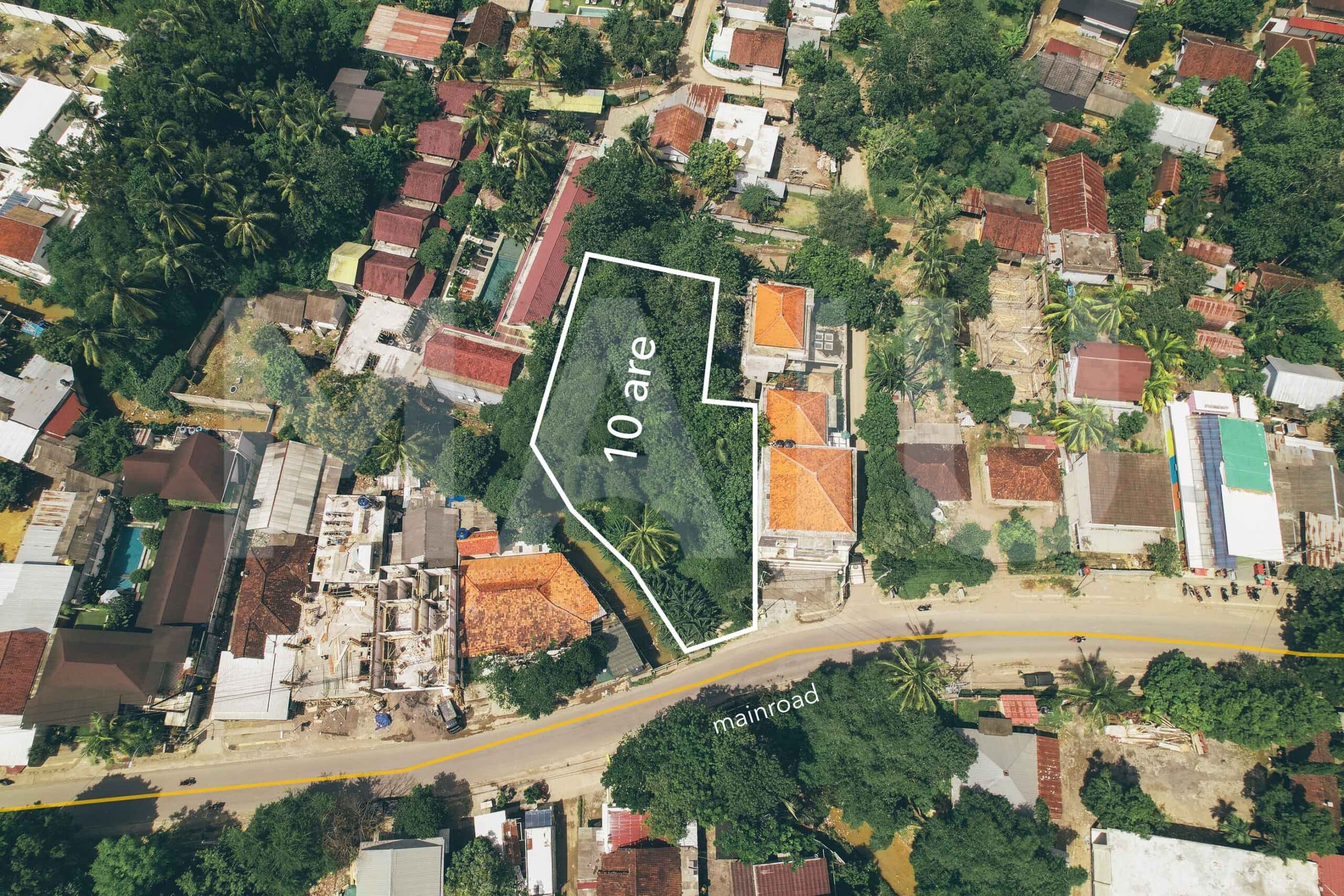 Aerial view of a 10 are plot for sale in central Kuta Lombok