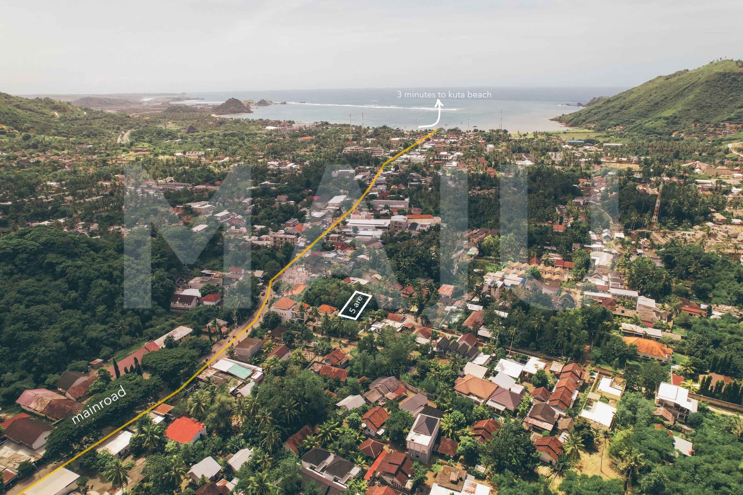 Aerial view of a 5 are plot for sale in central Kuta Lombok